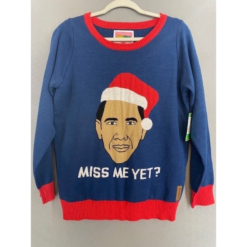 Tipsy‎ Elves Womens Miss Me Yet Obama Christmas Sweater Blue Red Size M